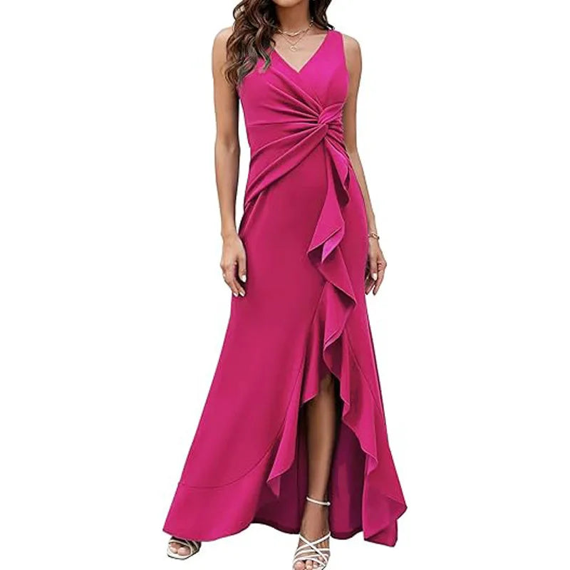 Elegant V-Neck Sleeveless Ruffle Maxi Dress for Women