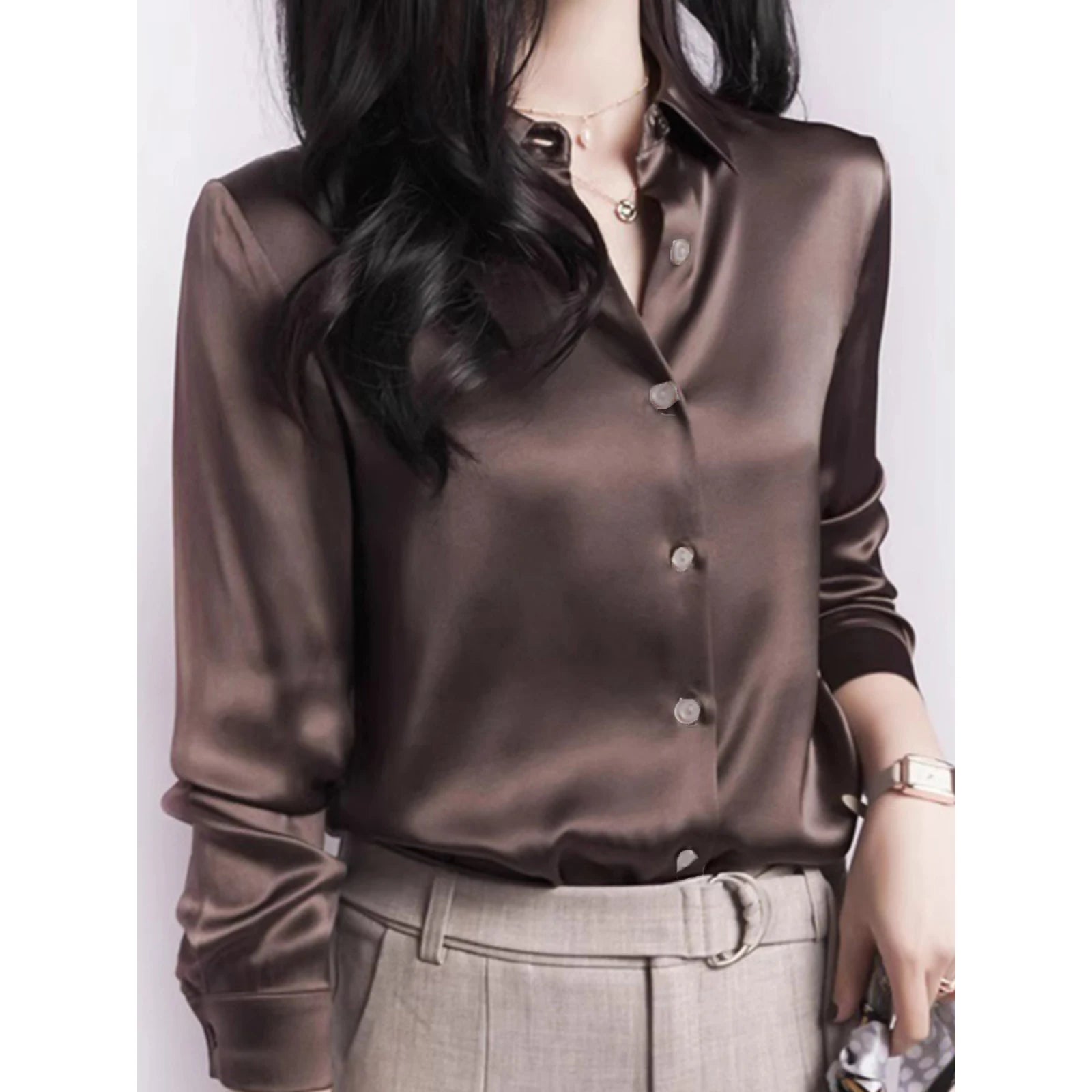Plus Size Elegant Satin Long Sleeved Shirt for Women