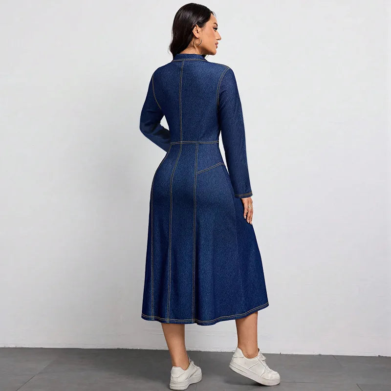Chic Long-Sleeved Denim Dress with Waist-Cinching Design