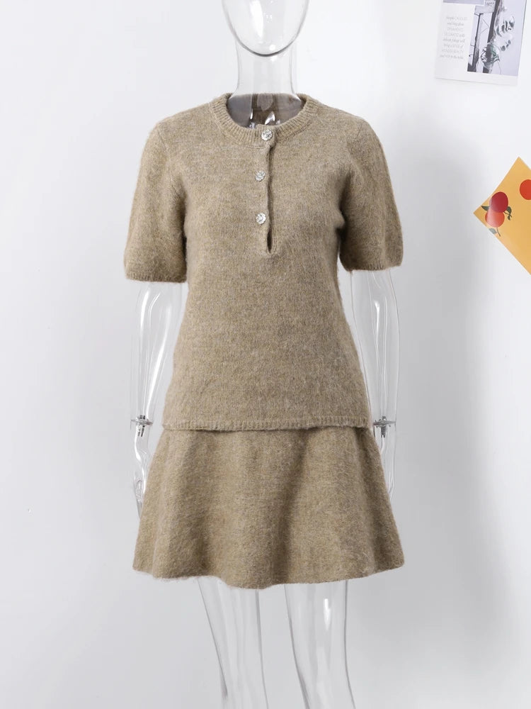 Cozy Knit Two-Piece Office Suit with A-Line Mini Skirt