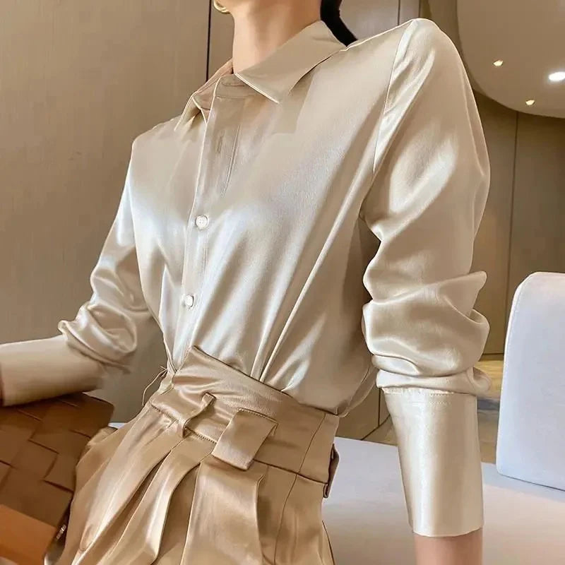 Plus Size Elegant Satin Long Sleeved Shirt for Women