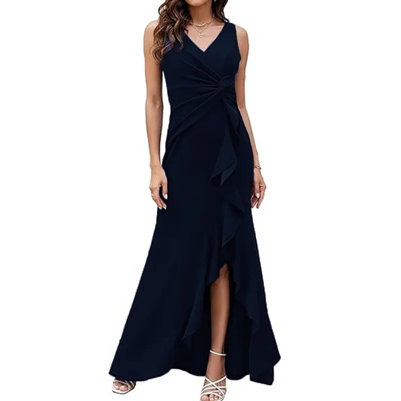 Elegant V-Neck Sleeveless Ruffle Maxi Dress for Women