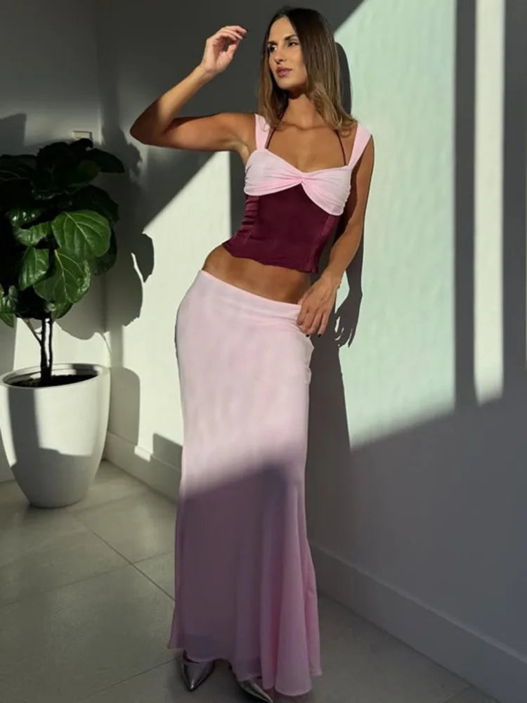 Mozision Halter Lace-up Two Piece Set with Maxi Skirt