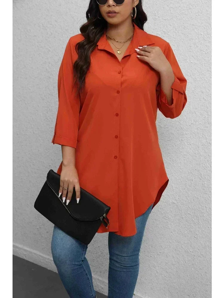 Plus Size Casual Chic Button-Up Blouse with Roll-Up Sleeves