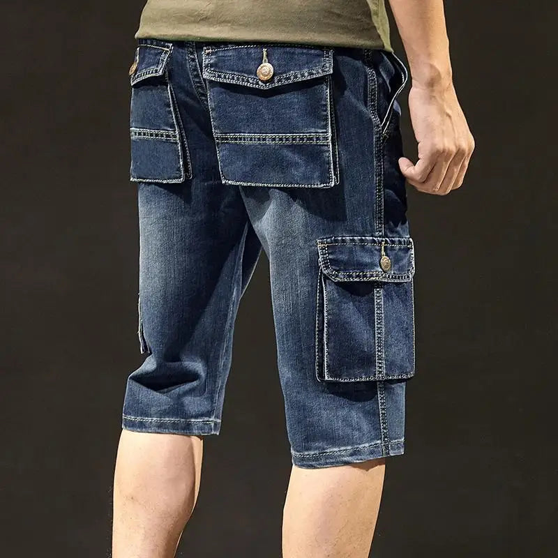 Men's Blue Stretchable Cargo Shorts with Pockets