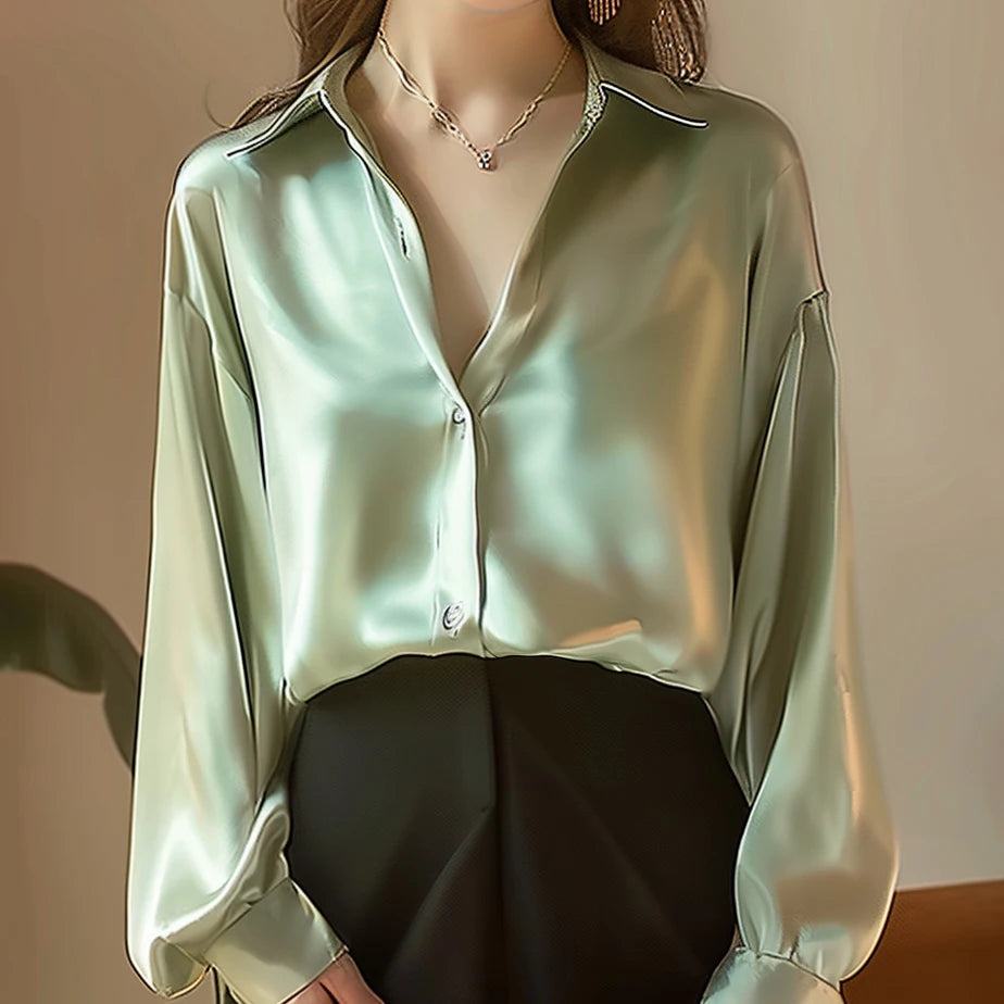 Plus Size Elegant Satin Long Sleeved Shirt for Women