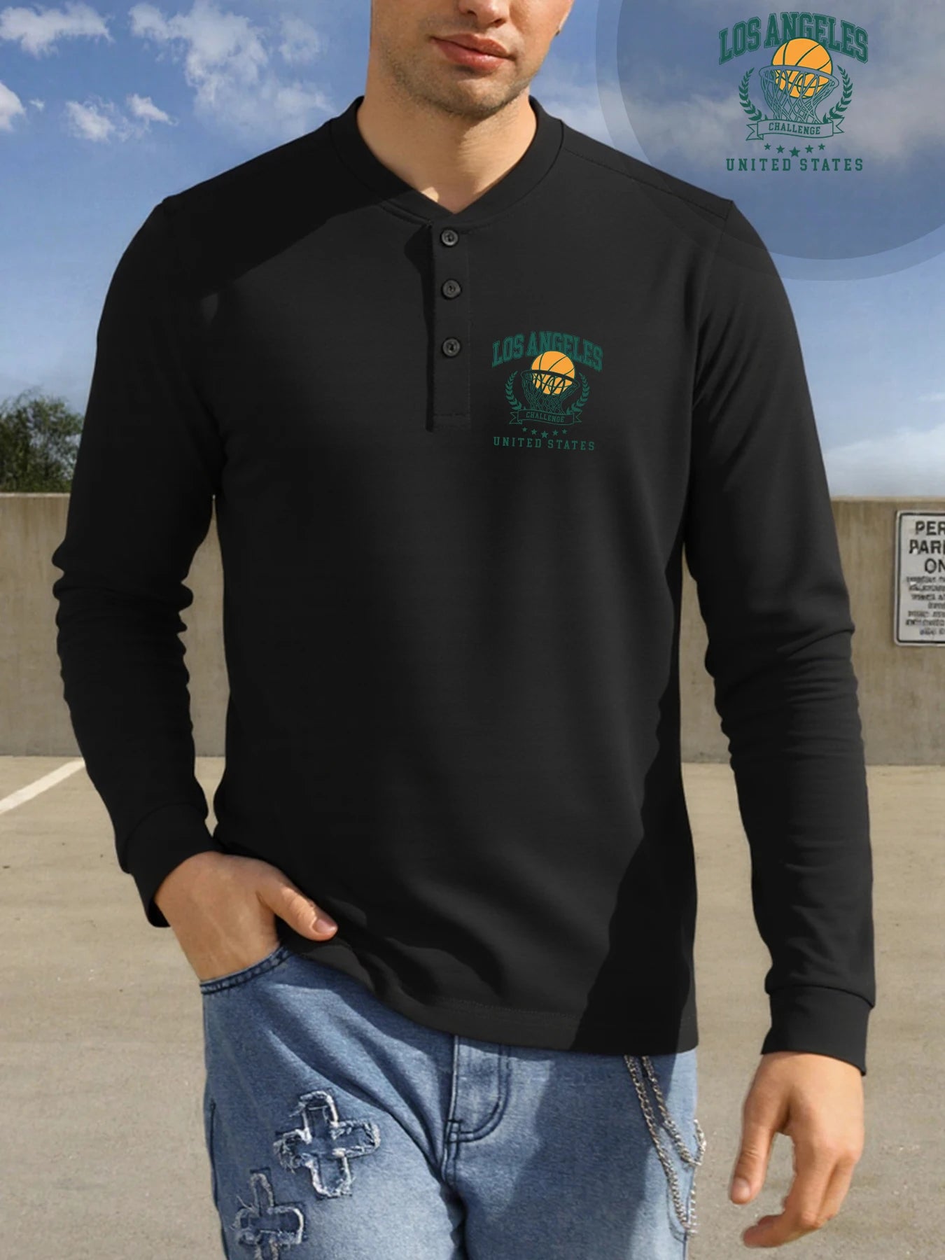 Los Angeles Vintage Print Long Sleeve Henley Tee for Men