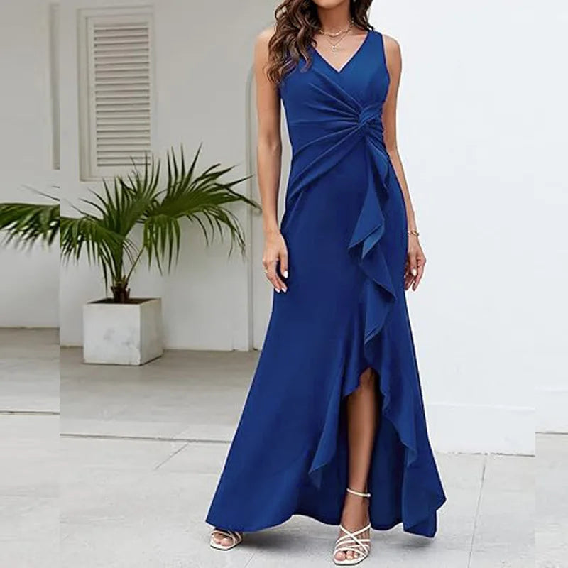 Elegant V-Neck Sleeveless Ruffle Maxi Dress for Women