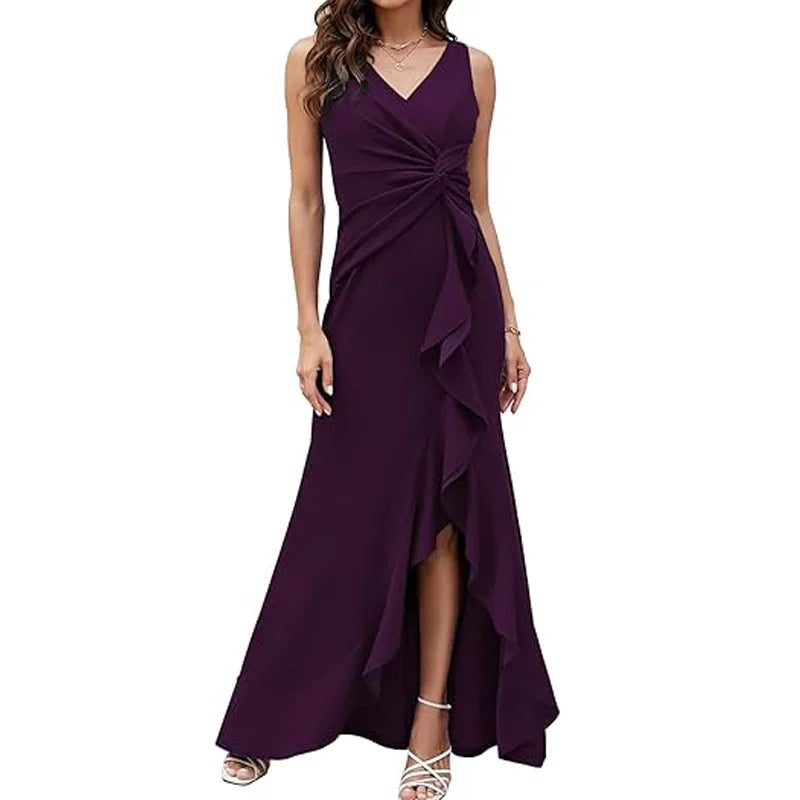 Elegant V-Neck Sleeveless Ruffle Maxi Dress for Women