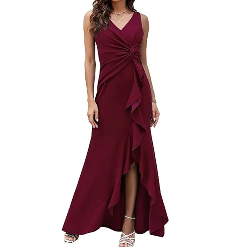 Elegant V-Neck Sleeveless Ruffle Maxi Dress for Women