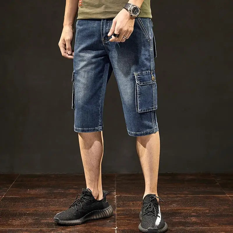 Men's Blue Stretchable Cargo Shorts with Pockets