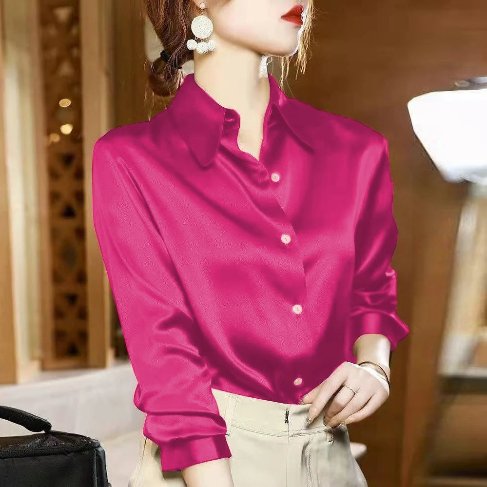 Plus Size Elegant Satin Long Sleeved Shirt for Women