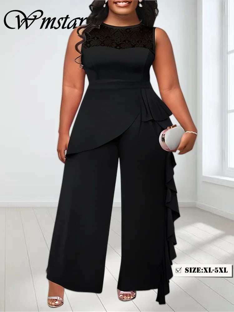 Wmstar Elegant Sleeveless Lace Patchwork Wide Leg Jumpsuit for Women