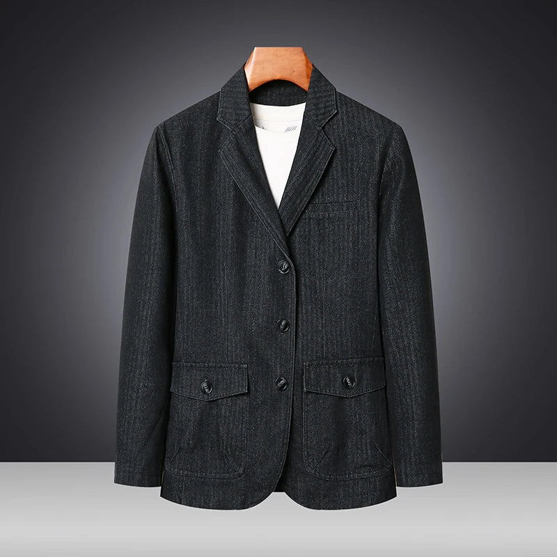 Men's Vintage Slim Fit Denim Blazer - Casual Cotton Jacket in Black & Blue