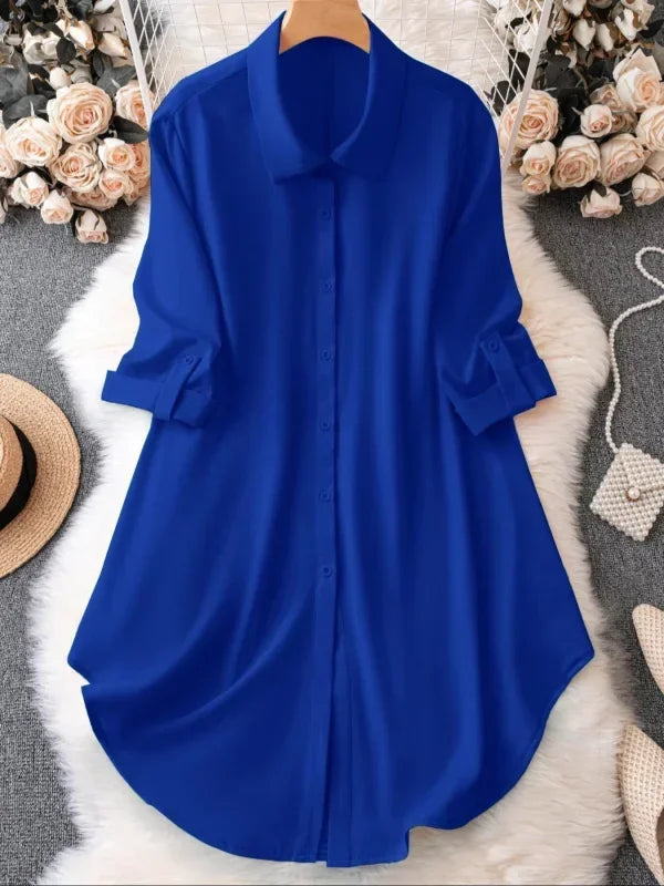 Plus Size Casual Chic Button-Up Blouse with Roll-Up Sleeves