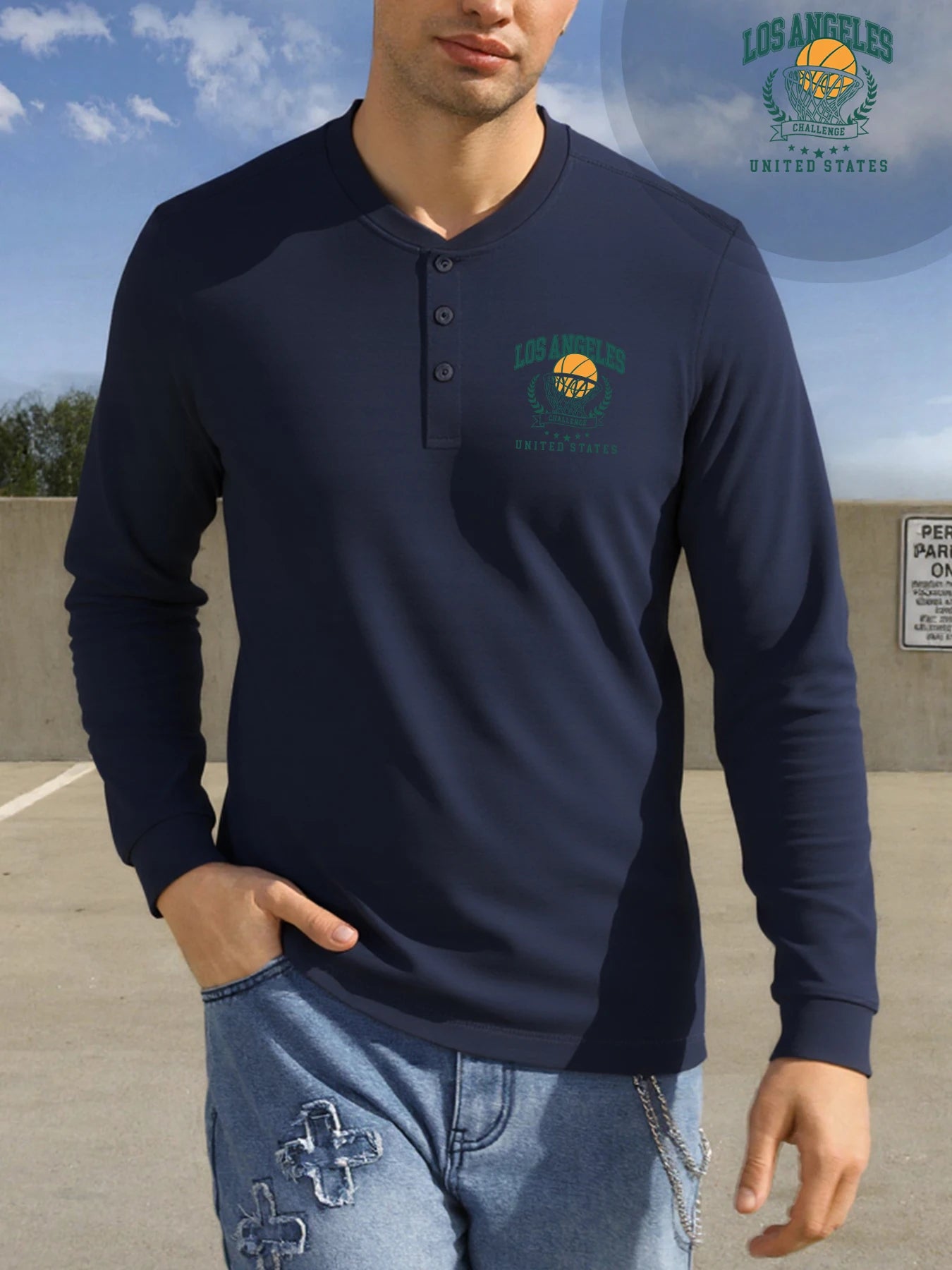 Los Angeles Vintage Print Long Sleeve Henley Tee for Men