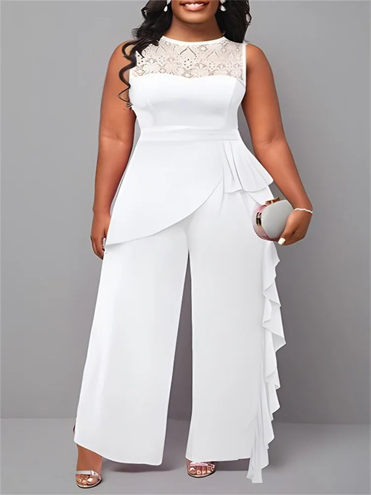 Wmstar Elegant Sleeveless Lace Patchwork Wide Leg Jumpsuit for Women