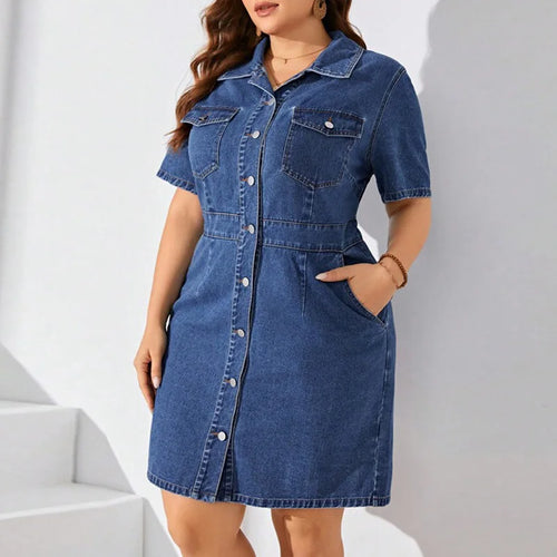 Benuynffy Plus Size Vintage Denim Shirt Dress with Pockets