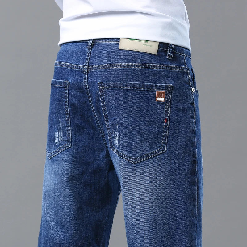 Men's Summer Straight Denim Shorts - Blue Casual Cotton Stretch Jeans