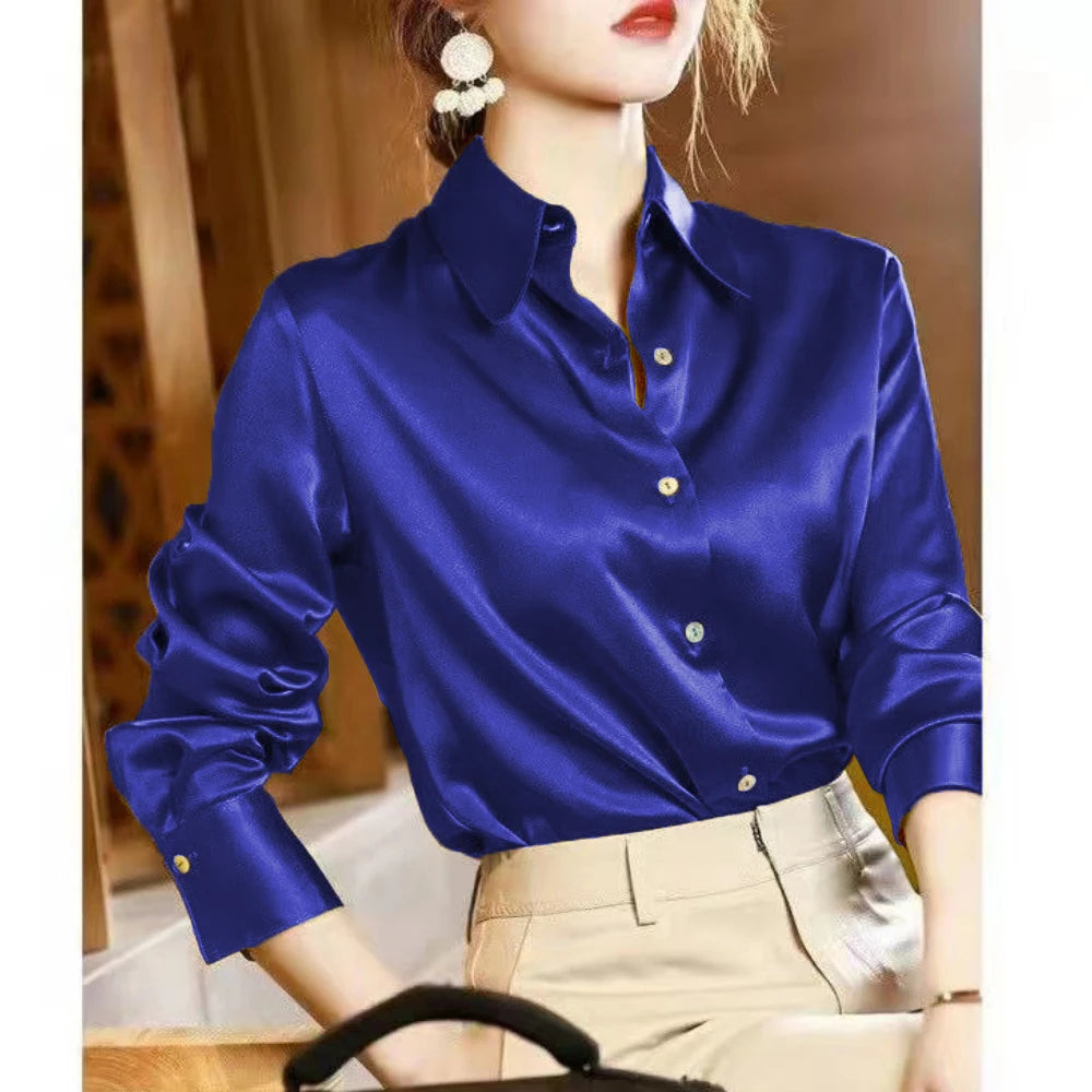 Plus Size Elegant Satin Long Sleeved Shirt for Women
