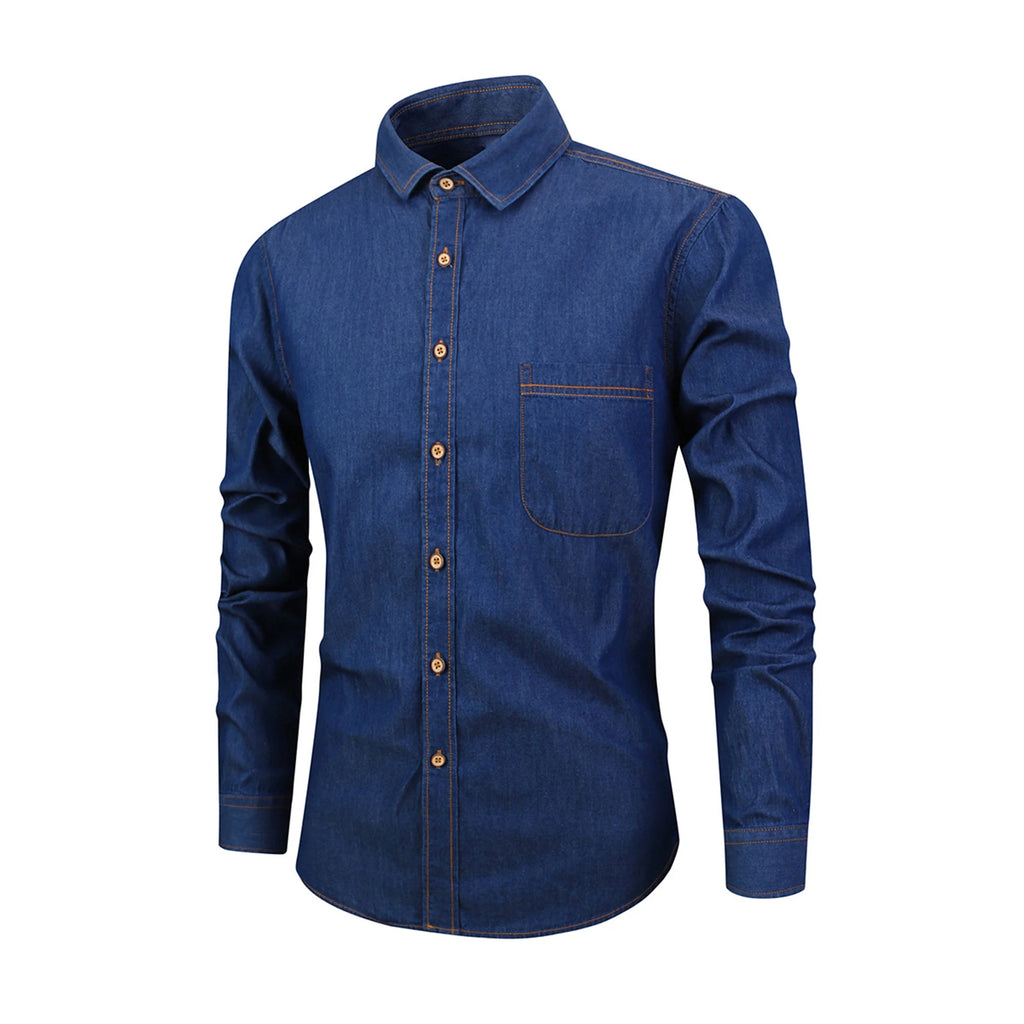 Autumn Men's Casual Long Sleeve Denim Shirt with Pocket