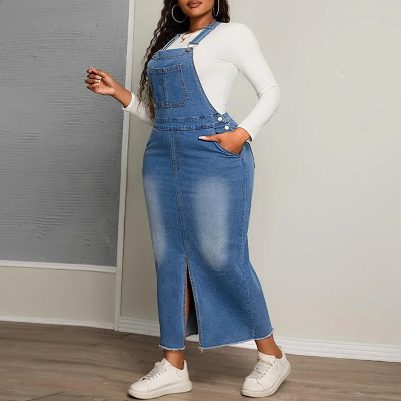 Plus Size Front Split Washed Denim Dress with Pockets