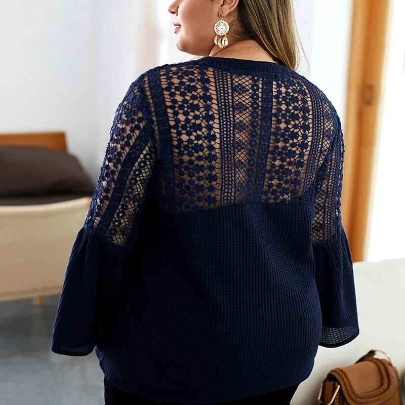 Autumn Plus Size V-Neck Lace Button Sweater with Trumpet Sleeves