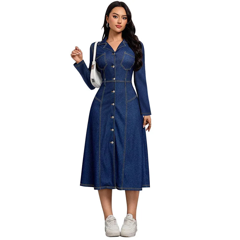 Chic Long-Sleeved Denim Dress with Waist-Cinching Design