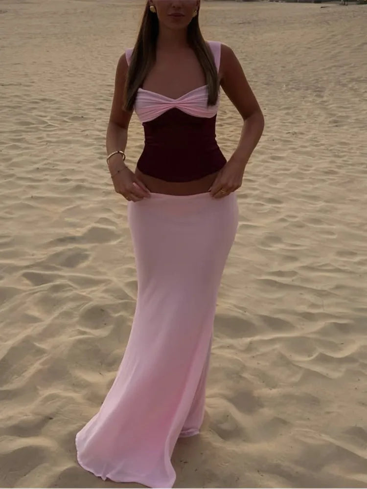 Mozision Halter Lace-up Two Piece Set with Maxi Skirt