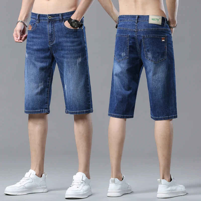 Men's Summer Straight Denim Shorts - Blue Casual Cotton Stretch Jeans