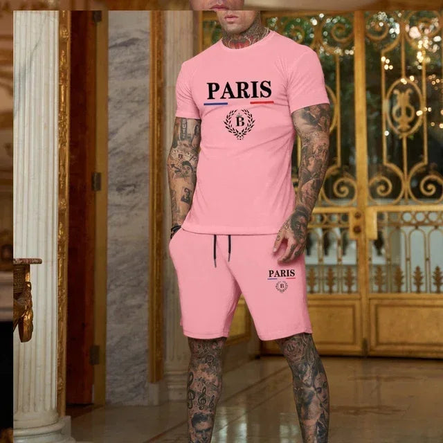 Men's Fashionable Summer Short Sleeve and Split Shorts Sportswear Set