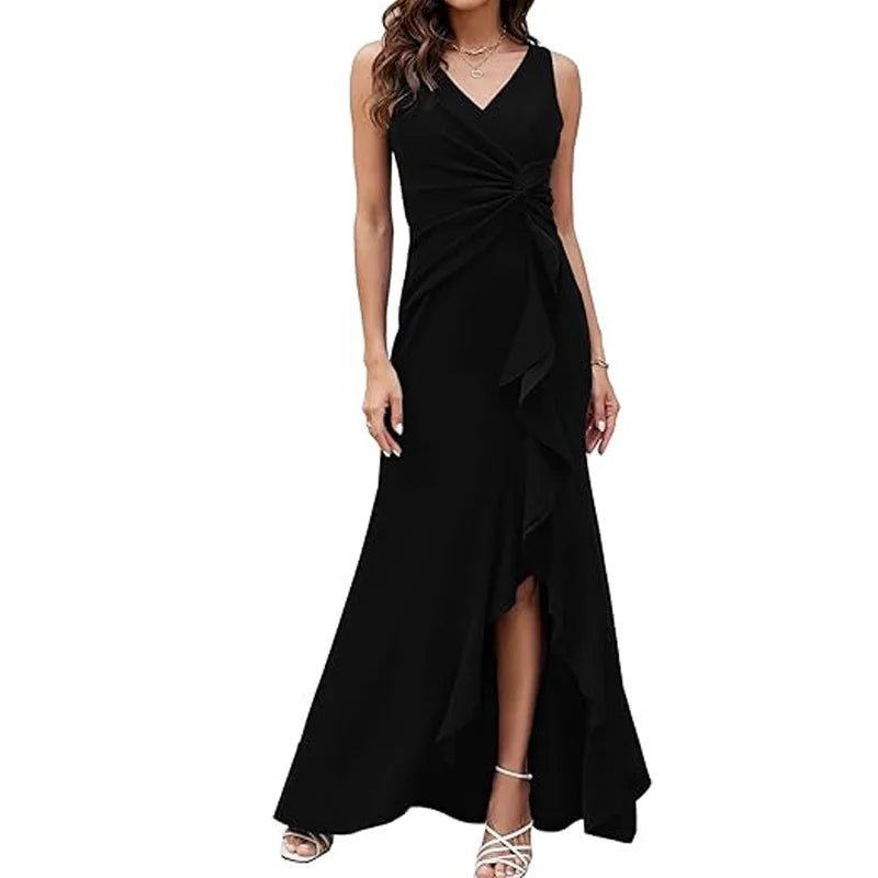 Elegant V-Neck Sleeveless Ruffle Maxi Dress for Women
