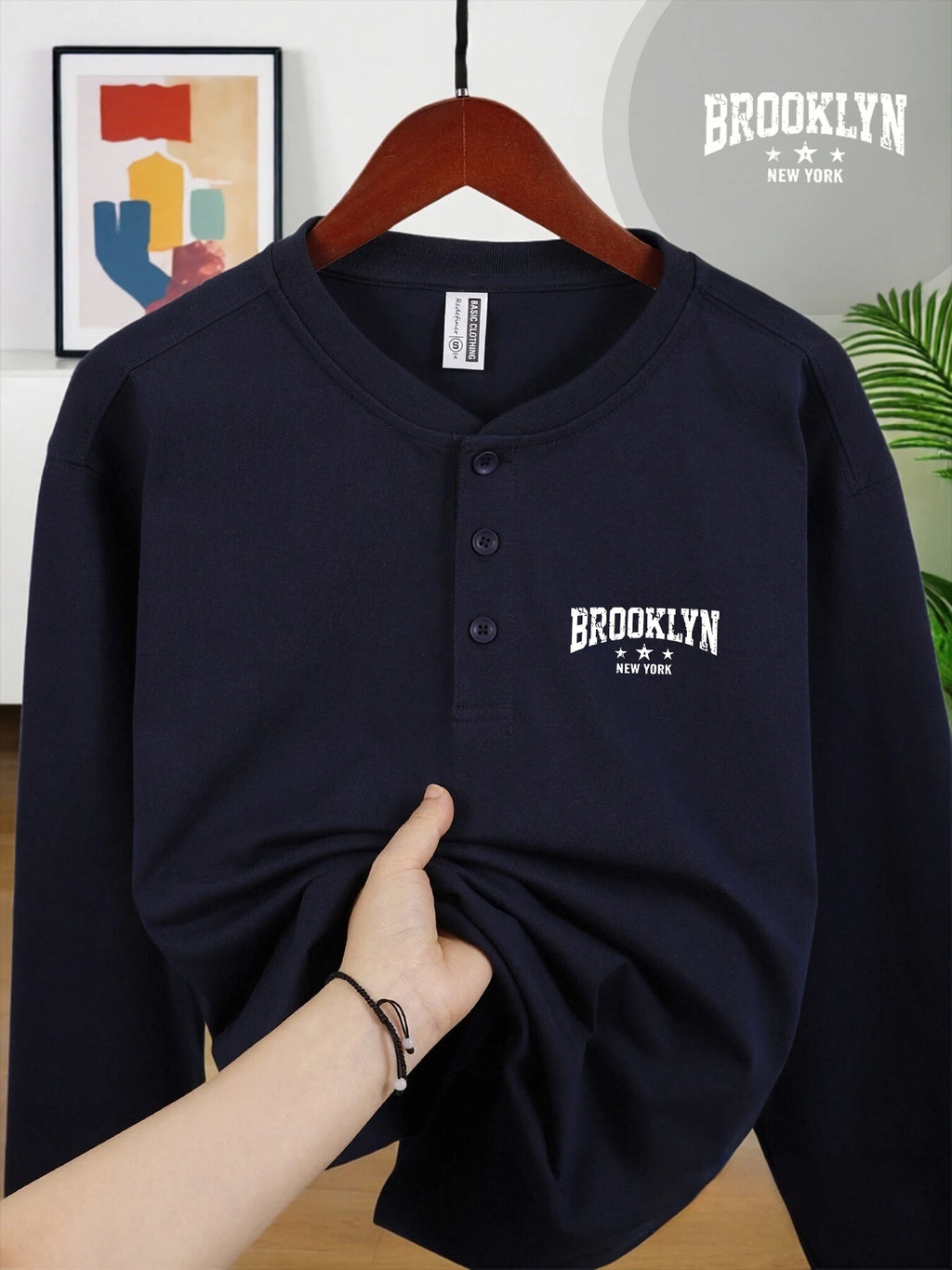 Brooklyn New York Men's Long Sleeve Henry Shirt - Soft & Stylish